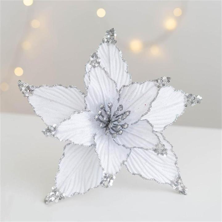 5 stuks kerstbloemen, glitter, kerststerren, simulatie kunstkerstbloemen, voor kerstboomversiering, bruiloft, feest, krans, decoratie (wit, 25 cm)