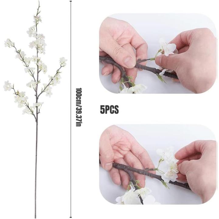 Faux Cherry Blossom Zweige 5pcs 39 Zoll realistische Kirschblütenstiele mit 4 Stielen Seidenkirschblütenblumenzweige für Vase Lange Stiele falsche Blüten Vase -Arrangements Wei