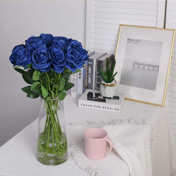 Kunstmatige Zijde Roos Bloem Enkele Stam Levensechte Nep Roos voor Bruiloft Boeket Bloemenarrangementen Huis Feest Bloemstuk Decoratie, 10 stuks (Blauw)