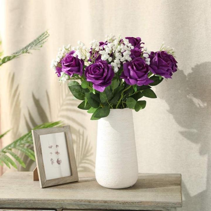 10 stuks zijden kunstrozen bloemen bruidsboeket bloemen (paars)