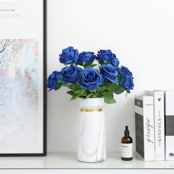 Kunstmatige Zijde Roos Bloem Enkele Stam Levensechte Nep Roos voor Bruiloft Boeket Bloemenarrangementen Huis Feest Bloemstuk Decoratie, 10 stuks (Blauw)