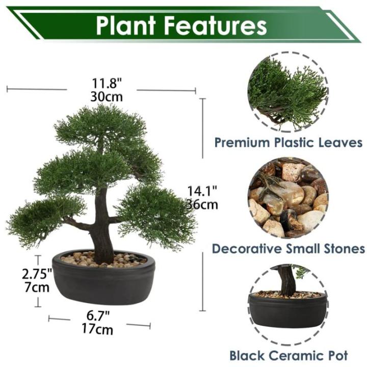 Kunstbonsai Natuurgetrouwe kunstplant, kunstboom, bonsai, ceder, grenen, podocarpus, plastic plant, kunstplant met keramische pot in zwart, voor badkamerdecoratie, desktop, kantoor