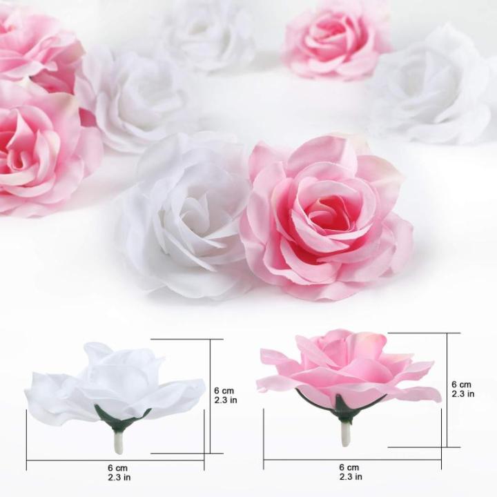Kunstbloemkoppen, 50 stuks, kunstbloemen, rozen, voor bruiloft, feest, decoratie, doe-het-zelf (diameter 6 cm, wit en roze)