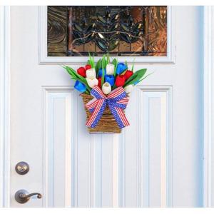Türhängerkörbe mit Tulpen zum Unabhängigkeitstag, künstlicher Blumenkranz für die Haustür, Willkommensschild-Dekoration