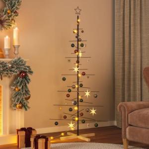 359605 Metalen kerstboom met houten standaard, zwart, 180 cm, kunstdennenboom, kerstboom-decoratie, kerstbomen, kerstboom