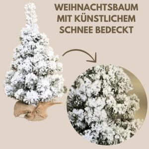 - 2 stuks set mini-kunstkerstboom met sneeuw, 60 en 80 cm hoog, sneeuwbedekte kleine kerstboom, kunstsneeuw en decoratief jutemateriaal, kerstdecoratie, gemaakt in de EU