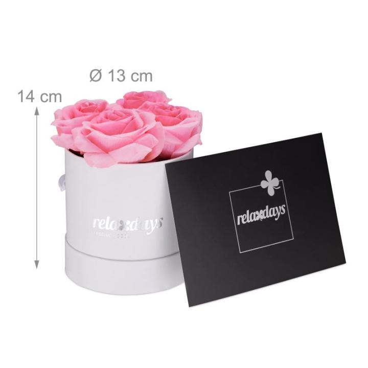 Rozenbox rond, 4 rozen, stevige bloemenbox, wit, 10 jaar houdbaar, cadeau-idee, decoratieve bloemenbox, roze, 14 x 13 x 13 cm