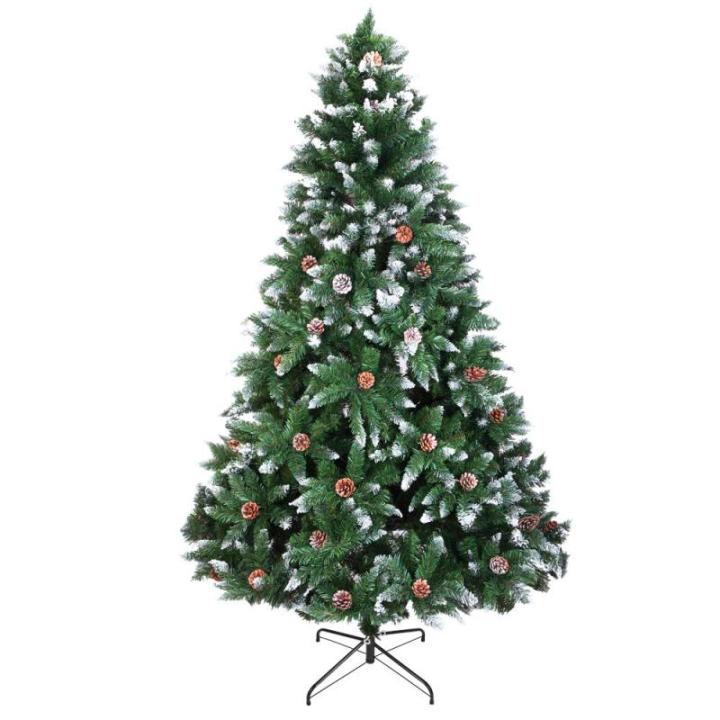 Kunstkerstboom, 120/150/180/210 cm, pvc-materiaal, verdikte takken, opvouwbaar, met robuuste sokkel, groen en wit met dennenappels, 150 cm