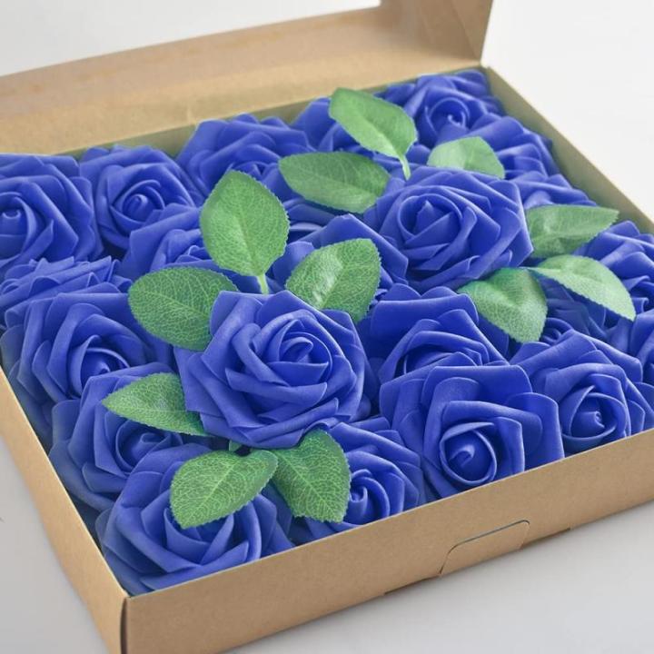 Kunstroos, van schuim met stengel voor thuisdecoratie, bruidsboeketten, feesten, tafelversiering, jubilea, 25 stuks, koningsblauw