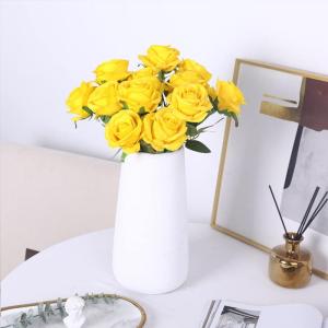 10 stuks gele rozen, kunstzijden bloemen, rozen met stelen, doe-het-zelf, bruiloft, boeket, thuis, kantoor, bruiloftsarrangementen (geel)