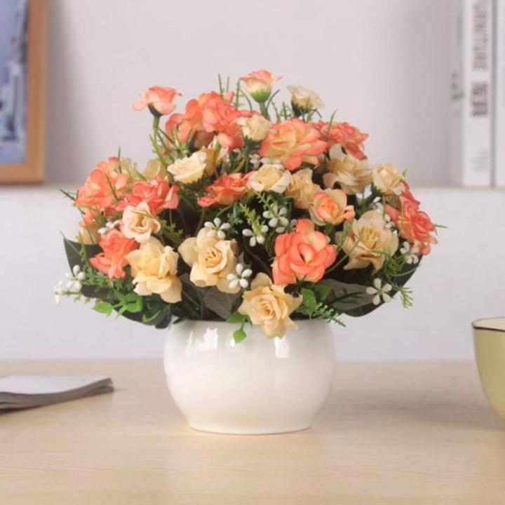 4 stuks kunstrozenbloemen, nepboeket, kunstzijde, bloemplanten, bloemstuk voor doe-het-zelf, binnen, buiten, keukentafel, tuinkantoor, bruiloftsfeestdecor - rood en champagne