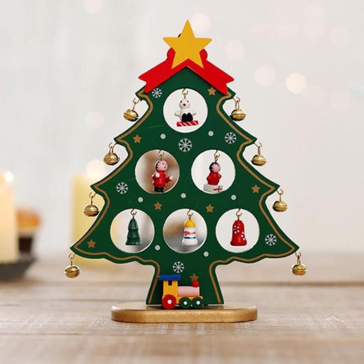 Houten mini-kerstboom-set, mini houten kerstboom met hanger, houten dennenboom, kleine kerstboom, kerstboom van hout, doe-het-zelf kerstboom voor Kerstmis (groen, S)