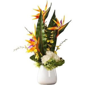 Kunstblumen Lebendige orangefarbene künstliche Blumen – PU-Kunstblumen, Keramiktopf, schickes Herzstück für Wohnzimmer, Hochzeiten, Innendekoration für jeden Anlass