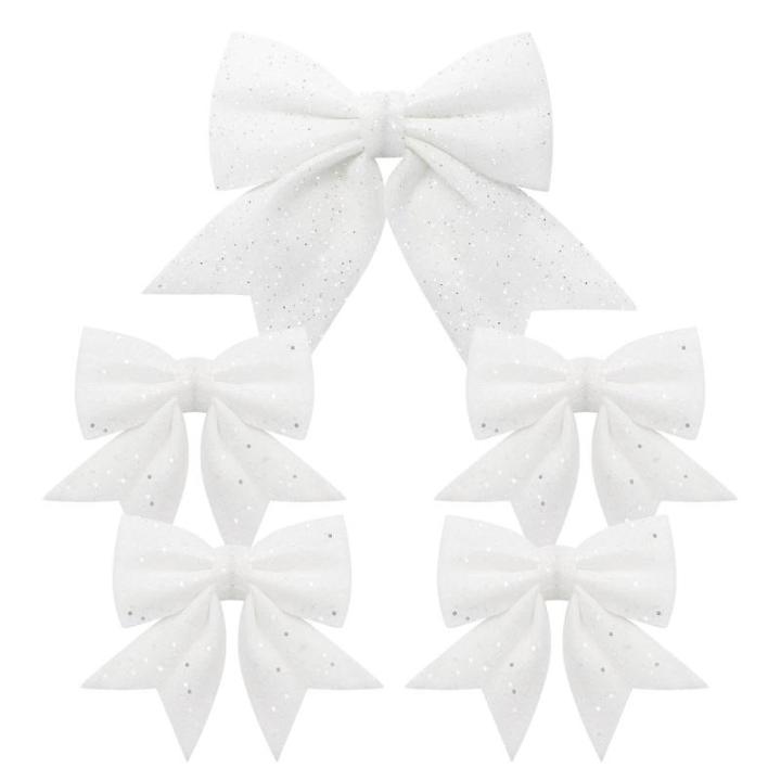 1 + 4 stuks witte strikken voor Kerstmis, kerstboom, strikken, glitter, kerstboomversiering voor familiefeesten, feestdecoratie voor Kerstmis, vakantie, bruiloft, feesten (2 maat)