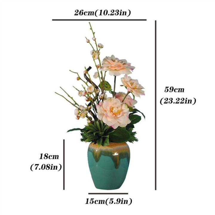 Kunstblumen Künstliche Blumen für den Innenbereich, künstliche Orchidee, Camelchang Verkündigung, Pflaume, Teeblumen-Set, Seidenblume mit Keramikvase für jeden Anlass