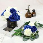Kunstbloemen, rozen, 25 stuks kunstrozen met steel, doe-het-zelf decoratie, voor bruiloft, boeketten, bruid, woondecoratie, ivoor en blauw