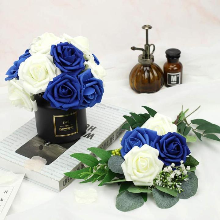 Kunstbloemen, rozen, 25 stuks kunstrozen met steel, doe-het-zelf decoratie, voor bruiloft, boeketten, bruid, woondecoratie, ivoor en blauw