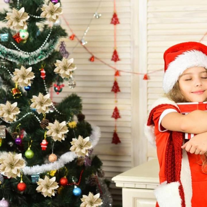 12 stuks kerstdecoratie, kunstbloemen voor Kerstmis, kerstster, kunstdecoratie, bloemen, fonkelende kerstster, bloemen, glitter, kerstboomdecoratie (goud)