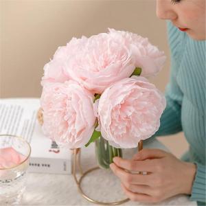 Simulation Blumenstrauß,Künstlicher Blumenstrauß Pfingstrose, 5er-Bouquet, echte Seidenblumen mit Stiel, cremefarbene Kunstblumen als Dekoration in großen Mengen(Light Pink)