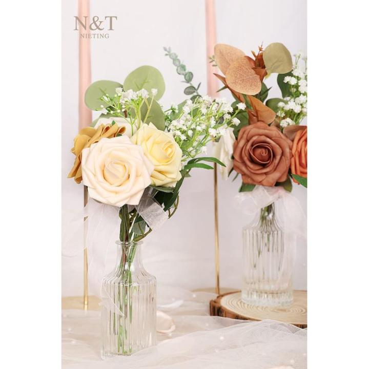 Kunstbloemen, rozen, 25 stuks, kunstrozen met stelen voor bruiloftsfeest, oogstfeest, herfstdecoratie, Valentijnsdag, Moederdag, woondecoratie, gemengd oranje