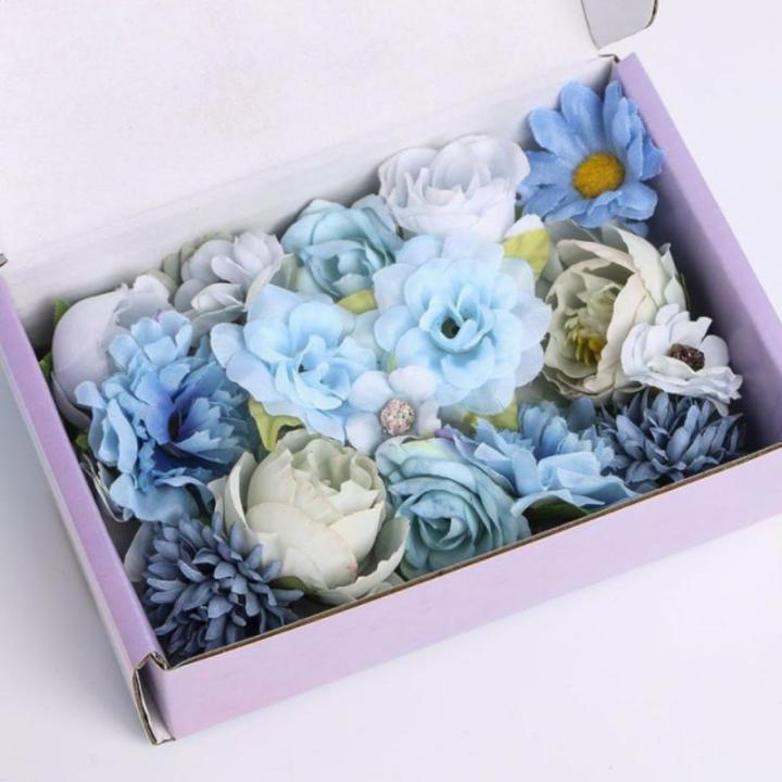 20 stuks blauwe om te knutselen, roos, , hortensia, dahlia's, madeliefjes, bloemen, decoratie, zijden bloemen, hortensia's voor doe-het-zelf bruiloftsboeketten