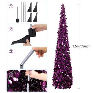 Kunstkerstboom met standaard, 1,5 m, opvouwbare pop-up kerstboom met pailletten voor Kerstmis, feestbenodigdheden, huisdecoratie, dieppaars