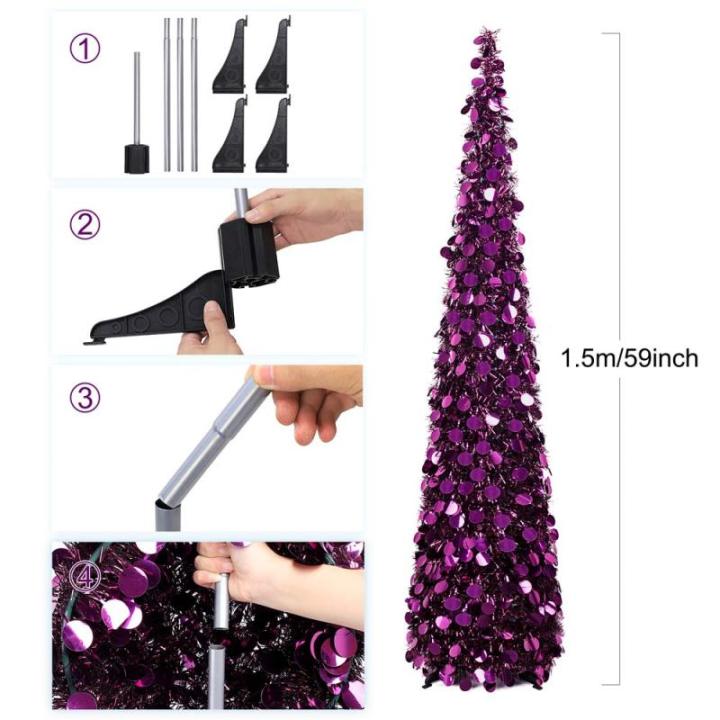 Kunstkerstboom met standaard, 1,5 m, opvouwbare pop-up kerstboom met pailletten voor Kerstmis, feestbenodigdheden, huisdecoratie, dieppaars