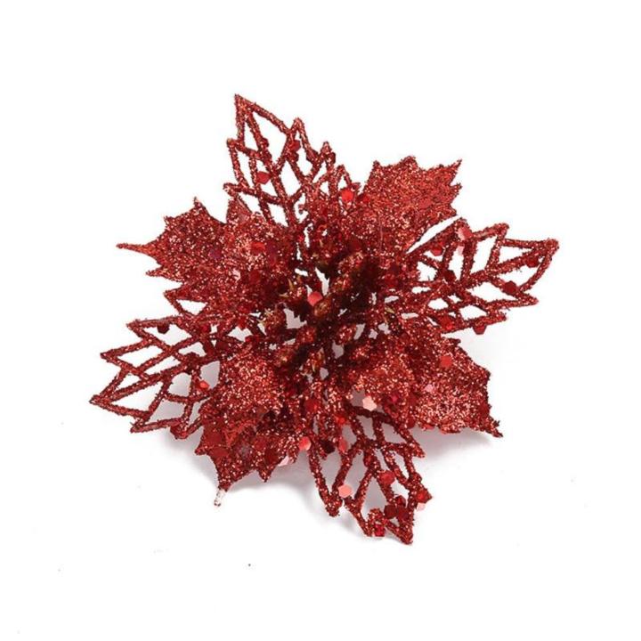 Poinsettia Kerstbloem, 10 stuks, glitter, kerstster, bloemen met clips, voor kerstboomdecoraties, kerstbloemen voor Kerstmis, tuin, Nieuwjaar, kransen, rood