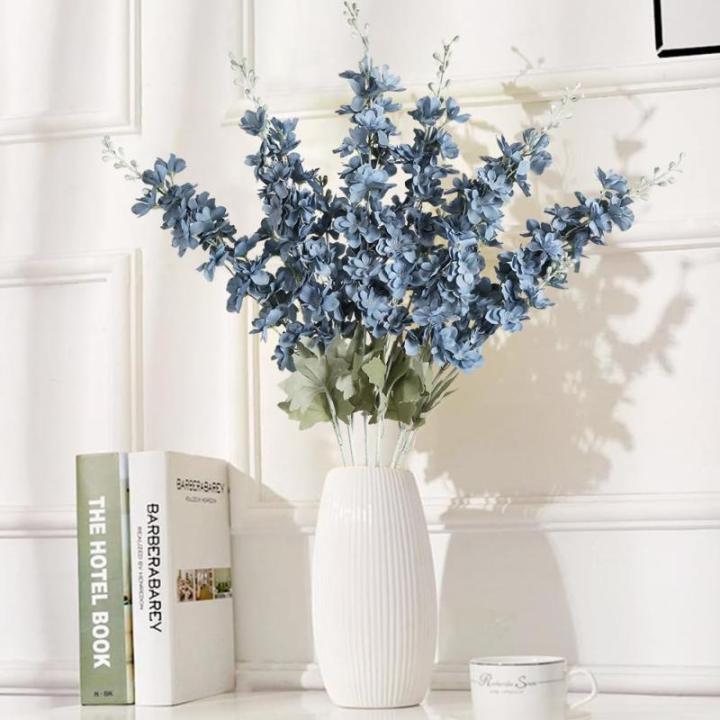 6 stuks Delphinium ridderspoor zijden bloemen 85 cm lange steel bloemen voor thuis bruiloft kantoor feest arrangement decoratie (Haze Blue)