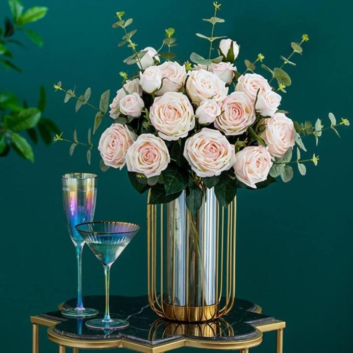 Kunstblumen Künstliche Blumen mit Vase, Tischpflanzen, Kunstseidenrose, künstliche Pflanzen, Arrangement, Innendekoration, Leichter Luxus für jeden Anlass