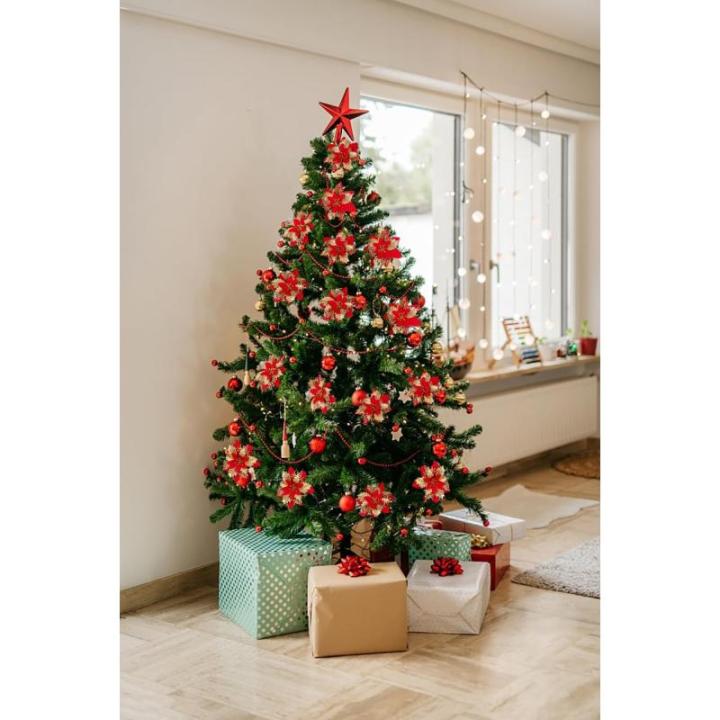 15 stuks 14 cm kunstmatige kerstster bloemen glitter met clips stengels kerstboom ornamenten voor krans feest bruiloft Nieuwjaar decoratie (rood gouden)