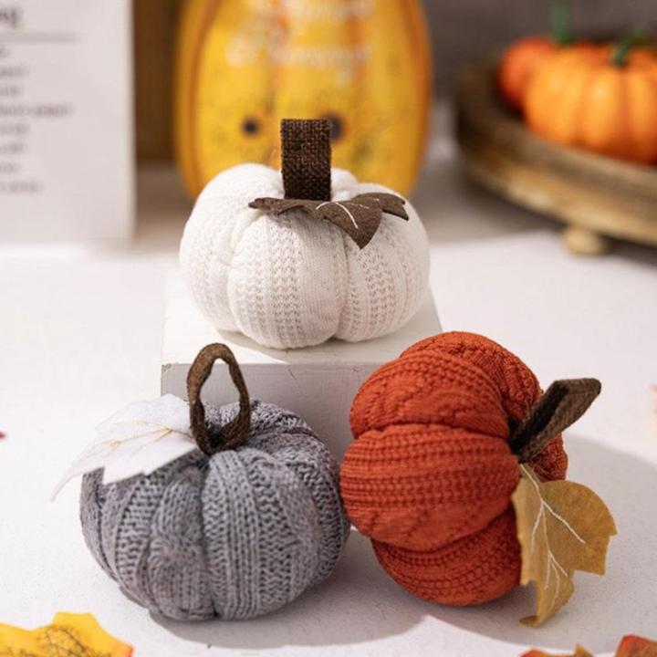 3 Stück künstliche Herbsternte gehäkelte Kürbisse, kleiner gestrickter Kürbis-Anhänger, Dekoration für Thanksgiving, Halloween, Herbst, Festival, Kaminsims, Tischdekoration