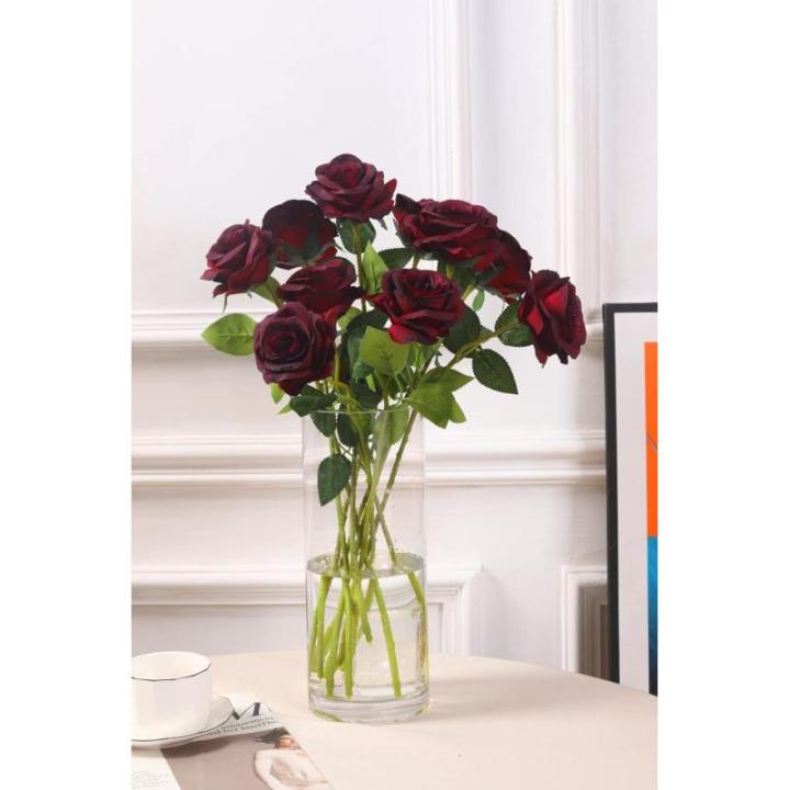 12 stuks Kunstmatige Rozen, 53cm Kunstrozen Enkele Lange Steel , Realistische voor Bruiloftsboeket, Thuis Tuin Woonkamer Hotel Kantoor Decoratie (Weinrot)