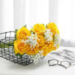 10 stuks gele rozen, kunstzijden bloemen, rozen met stelen, doe-het-zelf, bruiloft, boeket, thuis, kantoor, bruiloftsarrangementen (geel)