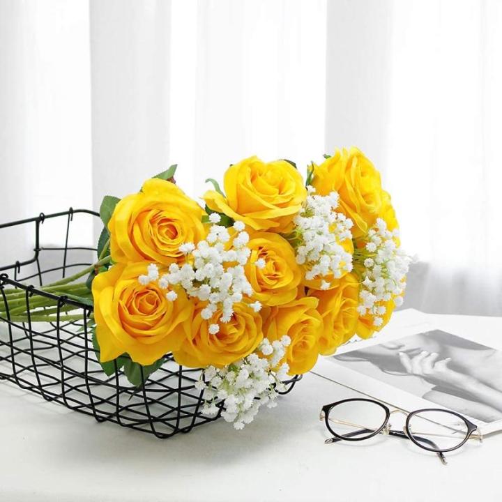 10 stuks gele rozen, kunstzijden bloemen, rozen met stelen, doe-het-zelf, bruiloft, boeket, thuis, kantoor, bruiloftsarrangementen (geel)