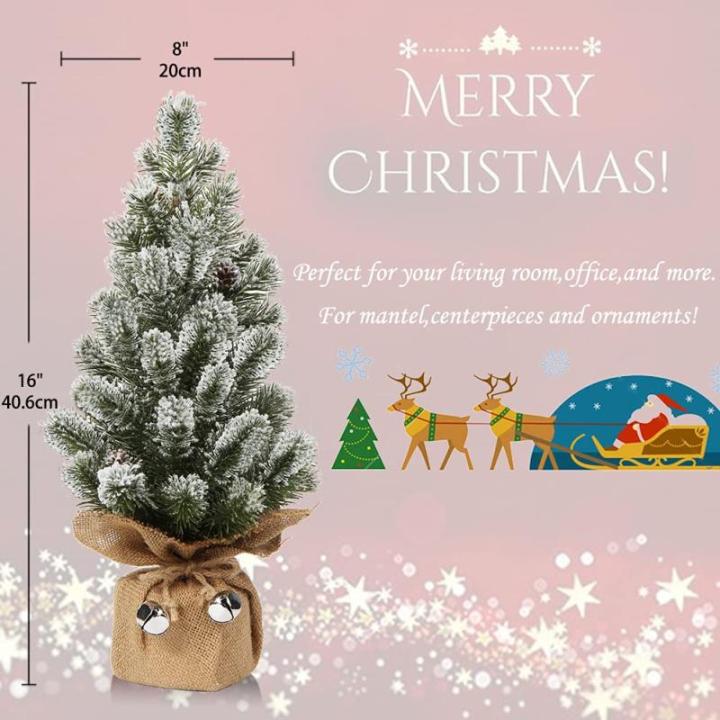 Mini Tafelkerstboom in jute basis 40,6 cm kunstmatige dennentakken bedekt met sneeuw, voor kerstdecoratie wooncultuur keuken eettafel