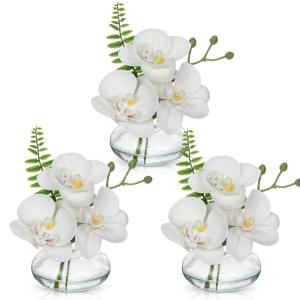Set van 3 , kunstorchideeën, , zoals echte decoratieve bloemen met glazen vaas, badkamerdecoratie, kunstplant voor woonkamer, party, kantoor, badkamer