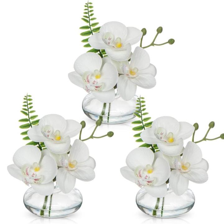 Set van 3 , kunstorchideeën, , zoals echte decoratieve bloemen met glazen vaas, badkamerdecoratie, kunstplant voor woonkamer, party, kantoor, badkamer