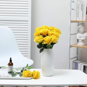 Kunstmatige Zijde Roos Bloem Enkele Stam Levensechte Nep Roos voor Bruiloft Boeket Bloemenarrangementen Huis Feest Bloemstuk Decoratie, 10 stuks (Geel)