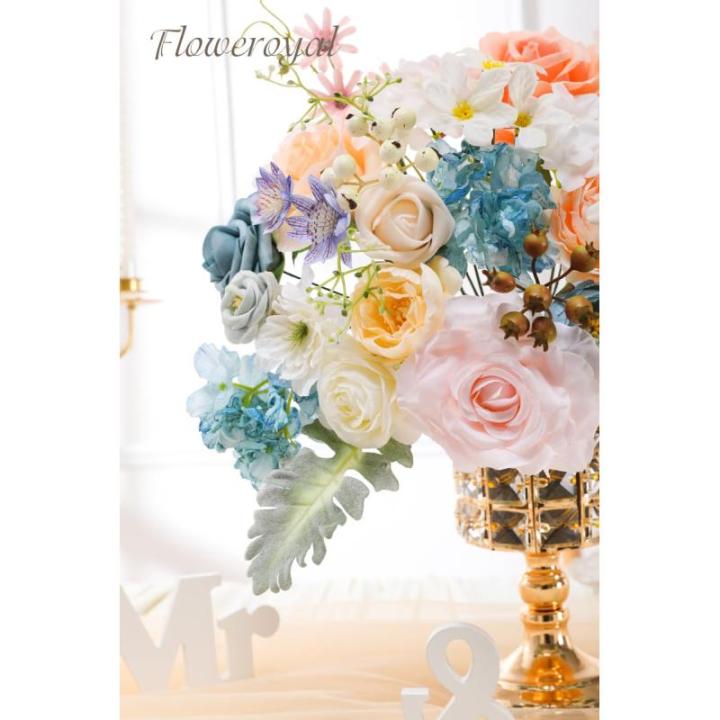 Kunstbloemen combo blauwe bloemen mix zijden bloemen dahlia rozen met stelen voor bruiloft, bruidsboeketten, tafeldecoratie, babyshower, bloemstuk, woondecoraties