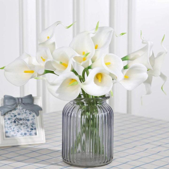 20 Stück Künstlich Calla Lilie Braut Blume Latex Wahre Berührung Familie Dekoration Party Hochzeit Hotel Dekoration Blumenstrauß (Weiß-Gelb)