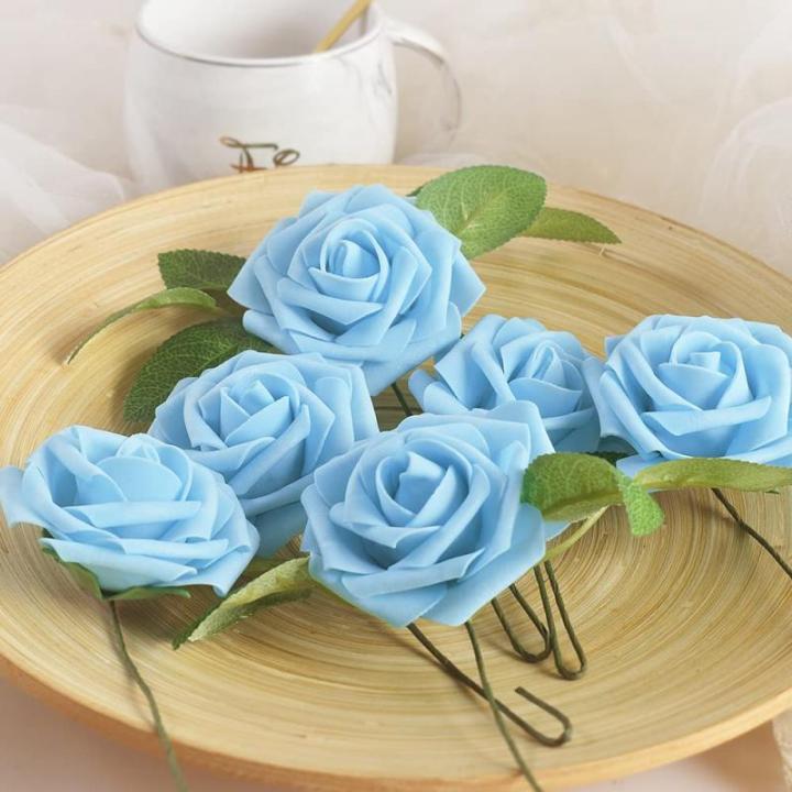Kunstroos, van schuim met stengel voor thuisdecoratie, bruidsboeketten, feesten, tafelversiering, jubilea, 25 stuks, blauw