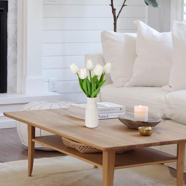 Kunstbloemen, kunsttulpen, net als echte echte tulpen, hoogte 30 cm, met vaas van keramiek, decoratieve kunstplant (wit)