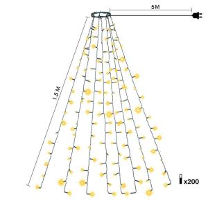 Led-clusterlichtsnoer, werkt op stroom, decoratie voor binnen en buiten, tuin, kerstboom, bruiloft (warmwitte timer met ring, 200 leds, 8 strengen)
