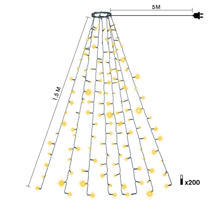 Led-clusterlichtsnoer, werkt op stroom, decoratie voor binnen en buiten, tuin, kerstboom, bruiloft (warmwitte timer met ring, 200 leds, 8 strengen)