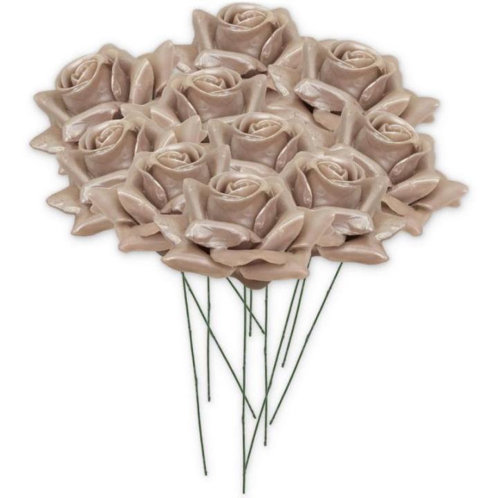 Kunstrozenbloemen met steel als kunstmatige decoratieve rozen van was, 10 parelmoer rozenblaadjes als echt voor bloemstukken, bloemendecoratie, waxrozen als kunstrozen, begraafplaa