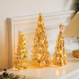 Exquisiter Glas-Weihnachtsbaum mit Lichtern, Glas-Weihnachtsbaum mit Lichtern, Tischplatte, dekorativer Weihnachtsbaum, Leuchtturm-Ornamente (A)