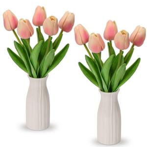 Kunstbloemen, kunsttulpen, net als echte echte tulpen, hoogte 30 cm, met vaas van keramiek, decoratieve kunstplant (lichtroze)