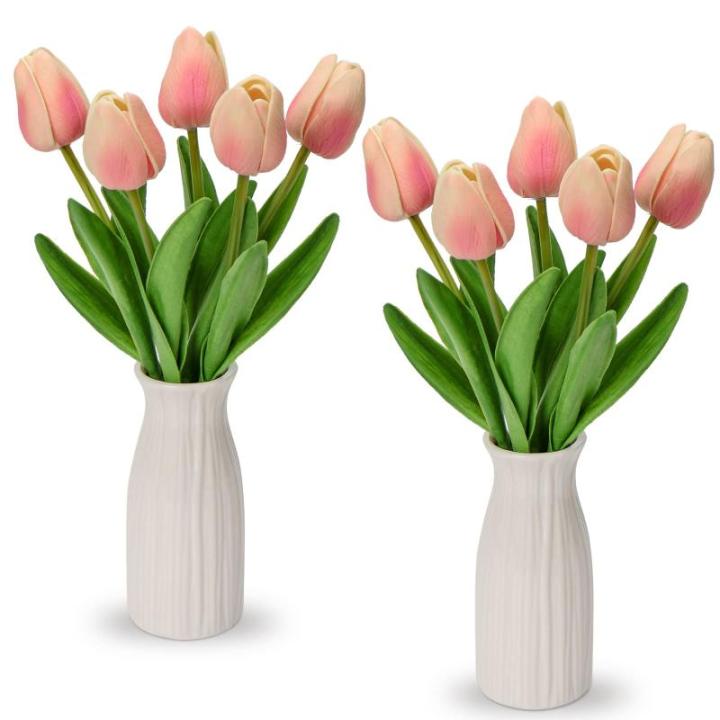 Kunstbloemen, kunsttulpen, net als echte echte tulpen, hoogte 30 cm, met vaas van keramiek, decoratieve kunstplant (lichtroze)