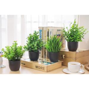 4 stuks met pot, kunstplastic plantendecoratie, kleine nepplant, potplant, emulatie, plant voor bureau, huis, balkon en badkamerdecoratie